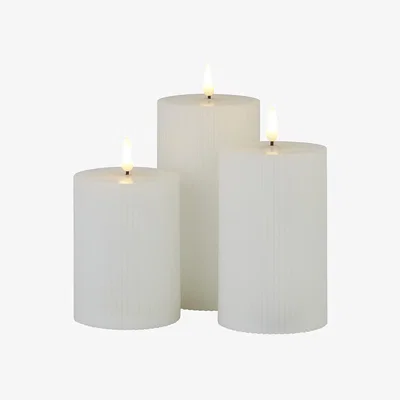 Homebase Pack of 3 LED Pillar Ribbed Candles - White