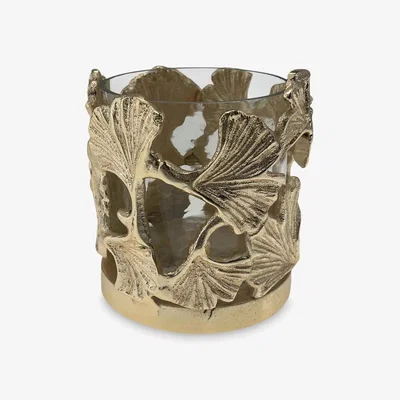 John Lewis Culinary Concepts Small Ginkgo Hurricane Tealight Holder, Gold/Clear