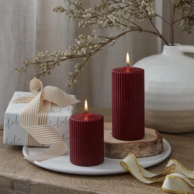 Layered Lounge Set of 2 Burgundy Ribbed Pillar Candles