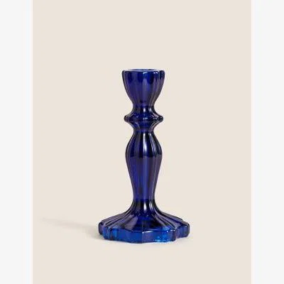 Marks & Spencer M&S Ridged Glass Medium Dinner Candle Holder - Blue, Blue