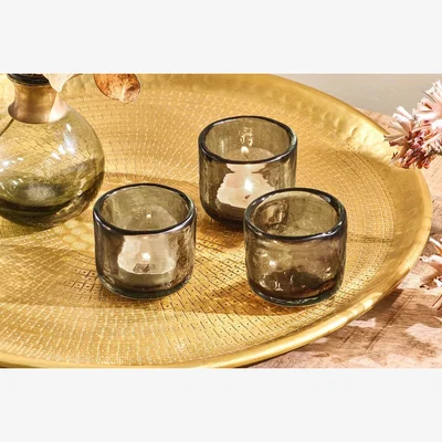 Nkuku Nkuku Irda Glass Small Tealight Set Of 3 | Candles Holders & Lanterns | Smoke Brown | Small ()