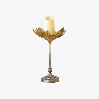 OKA OKA, Large Lotus Candle Holder - Gold, Candle Holders, Glass/Metal