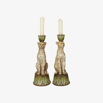 OKA OKA, Pair of Lakadema Leopard Candle Holders - Multi, Candle Holders, Resin