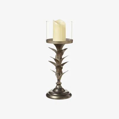 OKA OKA, Rydal Leaf Hurricane Candle Holder - Antique Bronze, Candle Holders, Glass/Metal