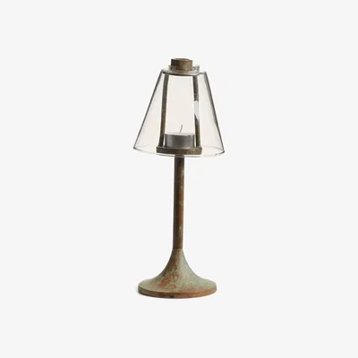 OKA OKA, Foundry Candle Holder with Glass Lampshade - Verdigris, Candle Holders, Aluminium/Glass