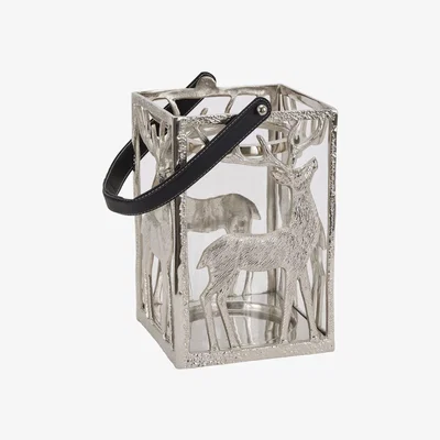 Olivia's Hill Interiors Stag Hurricane Square Lantern With Black Strap in Silver
