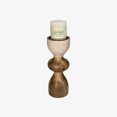 Olivia's Libra Interiors Candle Holder Wood Beige