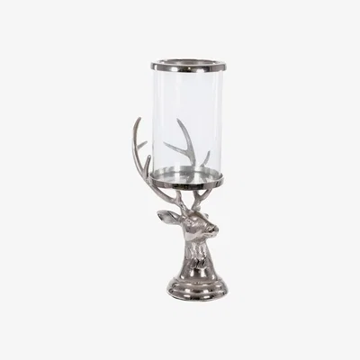 Olivia's Hill Interiors Stag Candle Hurricane Lantern in Silver / Small