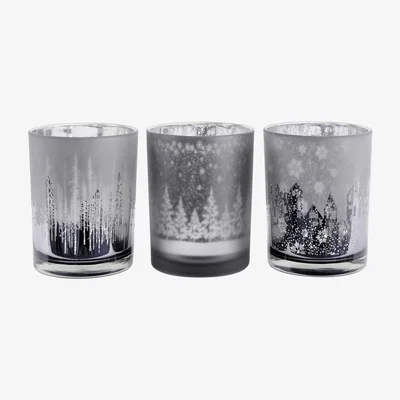 Olivia's Libra Festive Trees Set Of 3 Large Votive Holders Silver And Smoke
