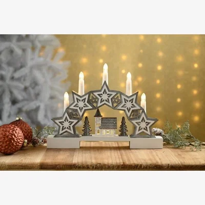 Downtown Downtown Festive Led Lit Star and Village Candle Bridge, Wood