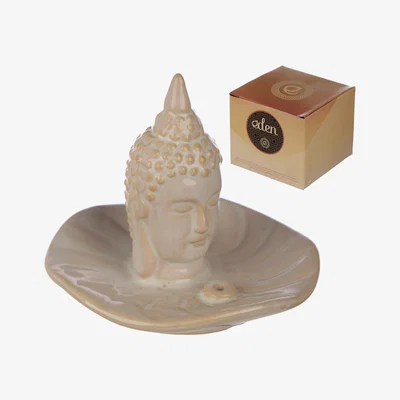 The Range Eden Ceramic Incense Burner Ashcatcher Dish - Thai Buddha and Leaf - Brown