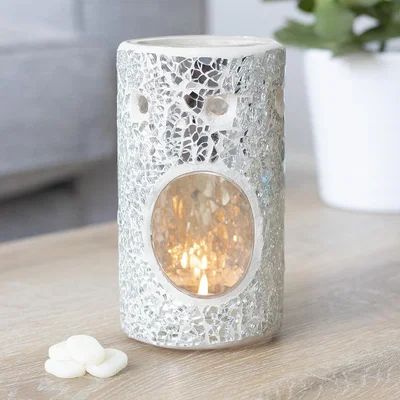 The Range Silver Pillar Crackle Glass Oil Burner - Silver