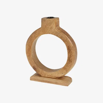 The Range Standing Circle Candle Holder on Wooden Thick Base  - Brown