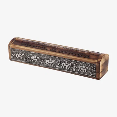 The Range Mango Wood Incense Burner Ashcatcher Box with Sliding Lid - Elephant Inlay - Cream