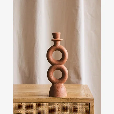 Rose & Grey Double Circle Stoneware Candle Holder - Brick