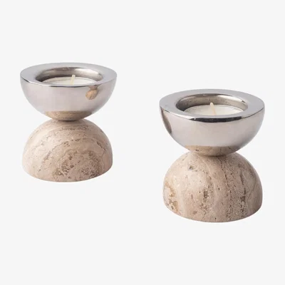 Wolf & Badger Neutrals Balance Nickel-Plated Brass And Marble Candle Holders - Travertine . Bruci Editora De Diseño