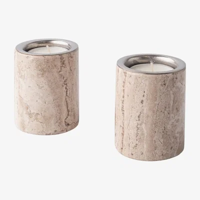 Wolf & Badger Neutrals Gova Nickeled-Brass & Marble Candle Holders - Travertine . Bruci Editora De Diseño