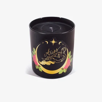 Wolf & Badger Astrology Zodiac Horoscope Sign Candle Aries Light Sugar Rose Petal Fragrance Black Cake