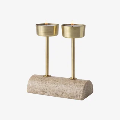 Wolf & Badger Neutrals Yunta Marble & Brass Candle Holders - Travertine . Bruci Editora De Diseño