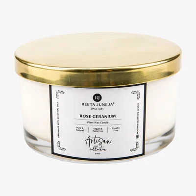 Wolf & Badger Artisan Collection - Rose Geranium Triple Wick Home Candle Reeta Juneja