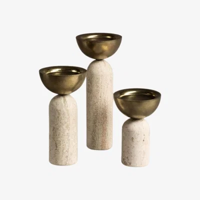 Wolf & Badger Neutrals Votive Harsh Brass And Marble Candle Holder Set Of Three - Travertine . Bruci Editora De Diseño