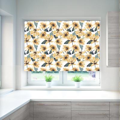Dunelm Floral and Leaf Ochre Blackout Roller Blind Yellow, Grey and White