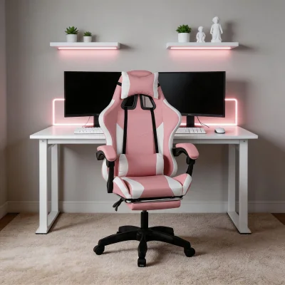 The Range Neuro Adjustable PVC Gaming Chair with Pull-out Legrest - Pink & White  / FabricFoamMetalNylonPolypropyleneSteelPVC