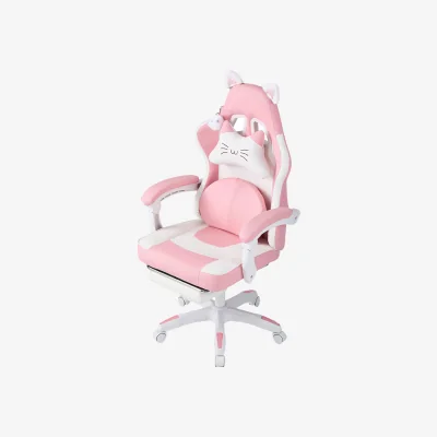 The Range High Back Gaming Chair with Built In Footrest - White & Pink