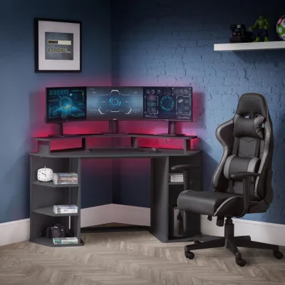 Happy Beds Orbit - Corner Gaming Desk - Grey - Wooden - Happy Beds