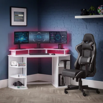 Happy Beds Orbit - Corner Gaming Desk - White - Wooden - Happy Beds