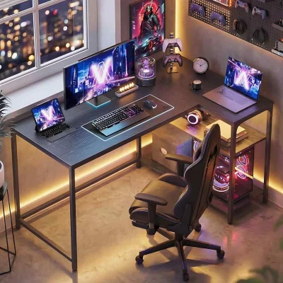 The Range Corner Gaming Desk Adjustable Storage Shelves, Black - Ebony Black