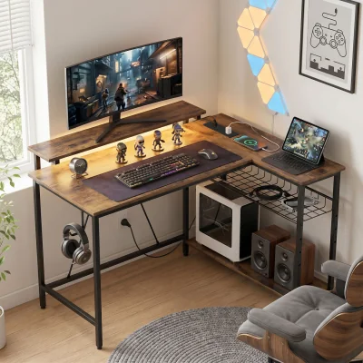The Range HOMCOM Reversible L Shaped Gaming Desk with Power Outlet Light - Rustic Brown