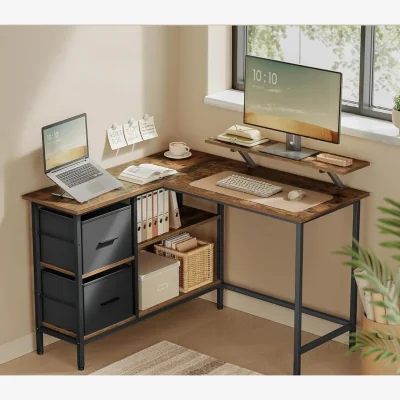 The Range L-Shaped Gaming Desk with Storage Drawers and Monitor Stand, Multi-Function Gaming Station - Rustic Brown and Black