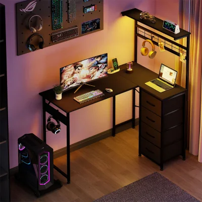 The Range L-Shaped Gaming Desk High Shelf with RGB Lights and Power Outlets - Black