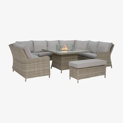Barker and Stonehouse Hathaway Royal U-Shaped Garden Sofa Set with Fire Pit in Light Grey Weave and Grey Fabric