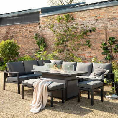 Barker and Stonehouse Fierza Large Corner Sofa Set-Rising Firepit Dining Table, Aluminium, Grey | Barker & Stonehouse