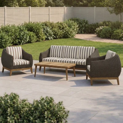 Furniture123 5 Seater Brown Rattan Garden Sofa Set with Striped Cushions & Coffee Table