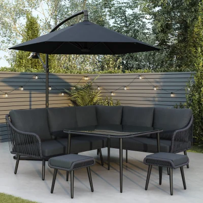 Furniture123 8 Seater Black Garden Corner Sofa Set with Rope Effect with Matching Dining Table - Parasol Included