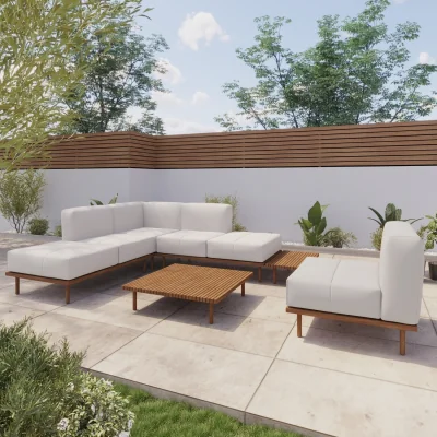 Furniture123 6 Seater Beige Modular Garden Corner Sofa Set in Wood Effect with Square Coffee Table