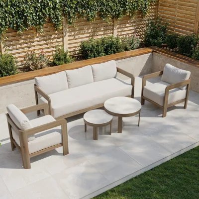 Furniture123 5 Seater Aluminium Wood Effect Beige Garden Sofa Set with Nesting Tables