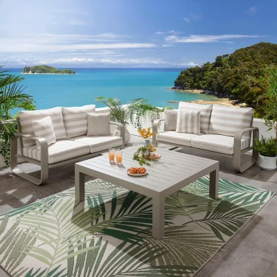 Quatropi Modern 4 Seater Garden Sofa Set & Coffee Table Aluminium Cream Beige Stripe