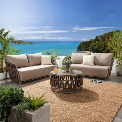 Quatropi Modern 6 Seater Garden Sofa Set with Coffee Table Brown Rope