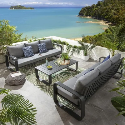 Quatropi Modern 6 Seater Outdoor Garden Sofa Set Black Aluminium Grey Cushions