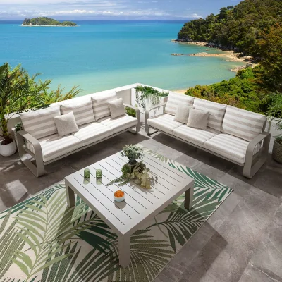 Quatropi Modern 6 Seater Garden Sofa Set & Coffee Table Aluminium Cream Beige Stripe
