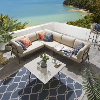 Quatropi Modern Garden Corner Sofa Set | 6 Seater Beige Aluminium Sofa & Coffee Table