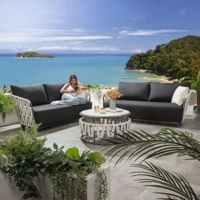 Quatropi Modern 6 Seater Garden Sofa Set with Coffee Table Light Grey Rope