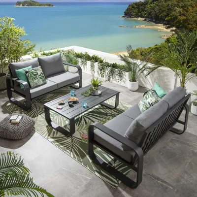 Quatropi Modern 4 Seater Outdoor Garden Sofa Set Black Aluminium Grey Cushions