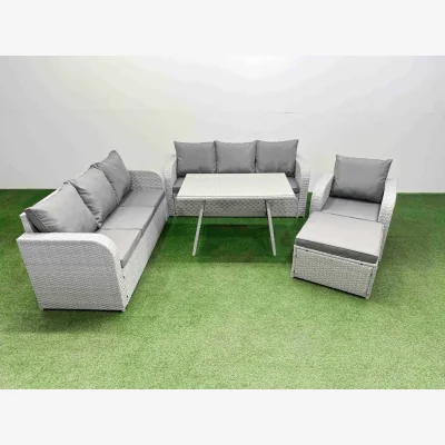 The Range Fimous 5-Piece PE Rattan Outdoor Sofa Set with Cushions and Reclining Chairs, Light Grey. - Light grey rattan + dark grey fabric