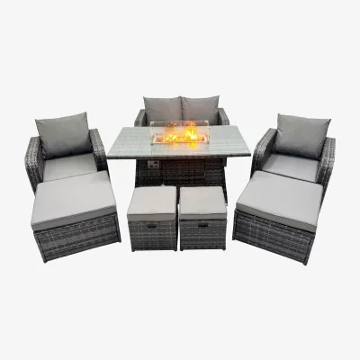 The Range Fimous 8-Seater Patio Gas Fire Pit Dining Table Sofa Set with 4 Stools Dark Grey Mixed - Dark Grey Mixed