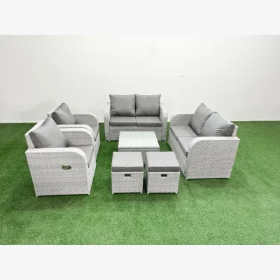 The Range Fimous 8-Seater PE Rattan Reclining Garden Sofa Set with Glass Table, Light Grey - Light Grey